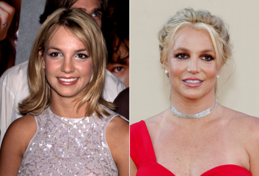 Side by side of Britney Spears in 1999 and Britney Spears in 2019
