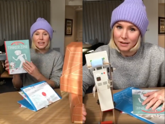 Kristen Bell displays elements of her KiwiCo TInker Box