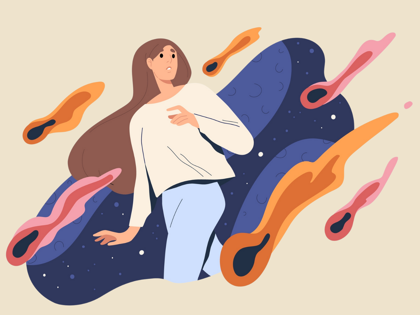 Illustration of woman dodging firestorm