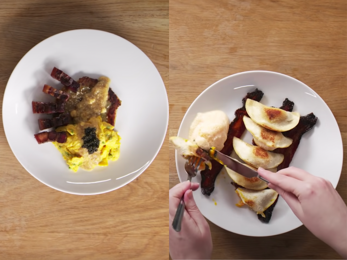 Two versions of bacon and egg breakfast, left costs $143, right costs $14