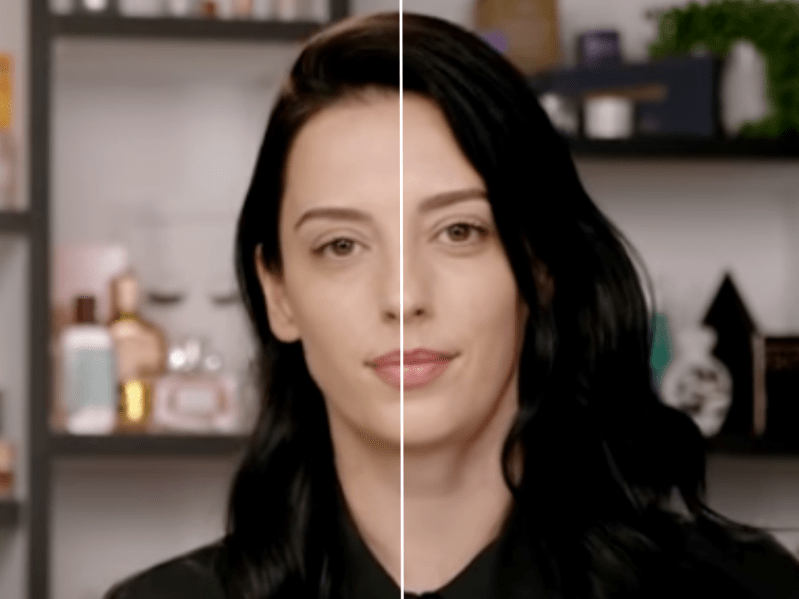 A model showcasing the difference between her natural look and reduced dark circles with this concealer trick.