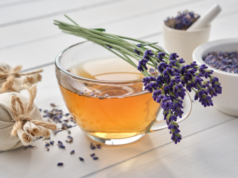 Cup of lavender tea, boosts collagen and mood