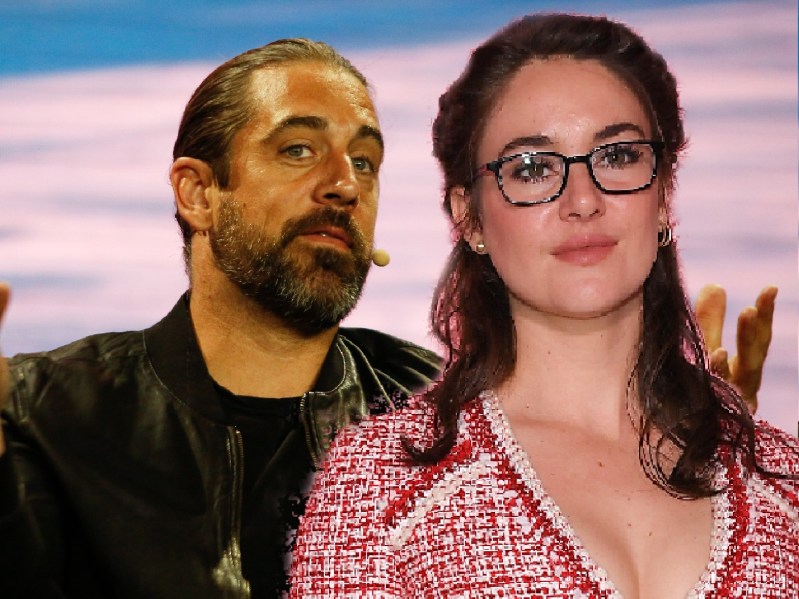 Background: Aaron Rodgers wears a black jacket as he makes remarks on stage during a convention. Foreground: Shailene Woodley wears a pink tweed jumpsuit on the red carpet at a fashion show