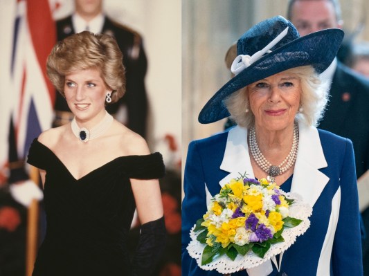 Split image of Princess Diana (L) wearing black dress, and Camilla Parker Bowles (R) wearing royal blue suit and hat