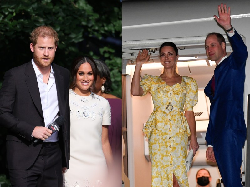 Split image: on left, Prince Harry and Meghan Markle, on right: Kate Middleton and Prince William