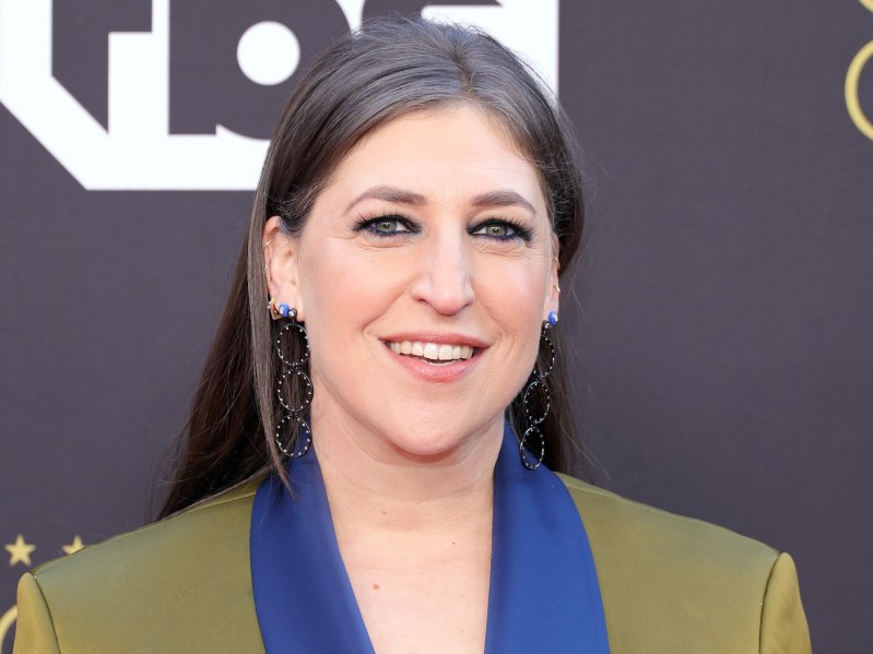 Closeup of Mayim Bialik smiling, wearing olive green blazer with navy blue trim