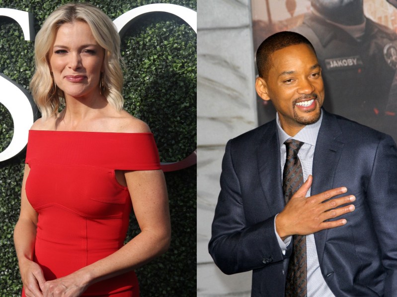Split image: Megyn Kelly in red dress, Will Smith in suit
