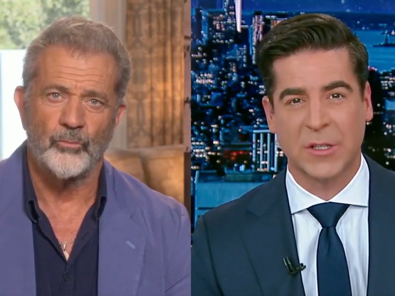 Screenshot of Mel Gibson being interviewed by Jesse Waters on Fox News