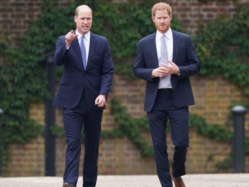 Prince William (L) and Prince Harry (R) wearing navy blue suits and walking side-by-side outdoors