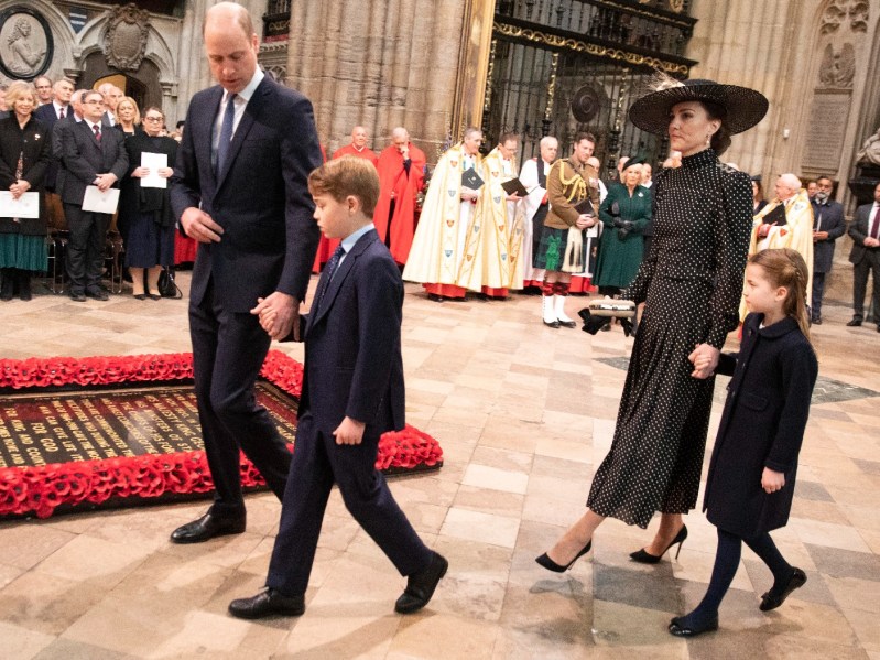 Prince William and Kate Middleton walk their children Prince George and Princess Charlotte into Prince Philip's Thanksgiving service