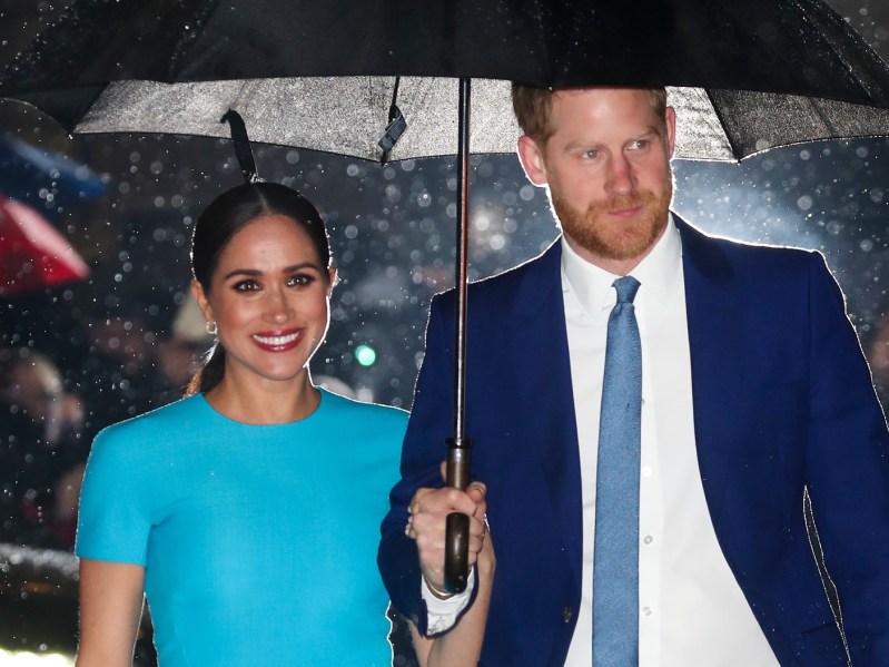 Meghan Markle (L) in blue dress and Prince Harry (R) in navy suit holding umbrella
