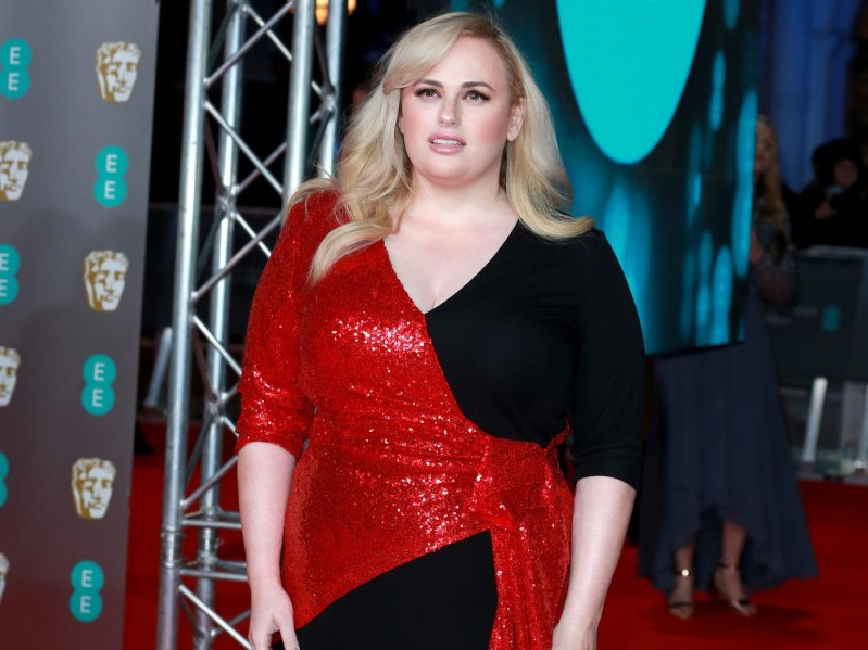 Rebel Wilson wearing red and black dress