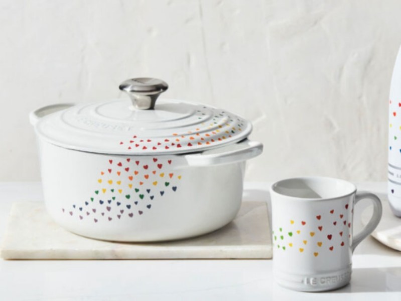 Dutch oven, mug, and hydration bottle, white with little rainbow hearts, from Le Creuset's L'OVEn collection