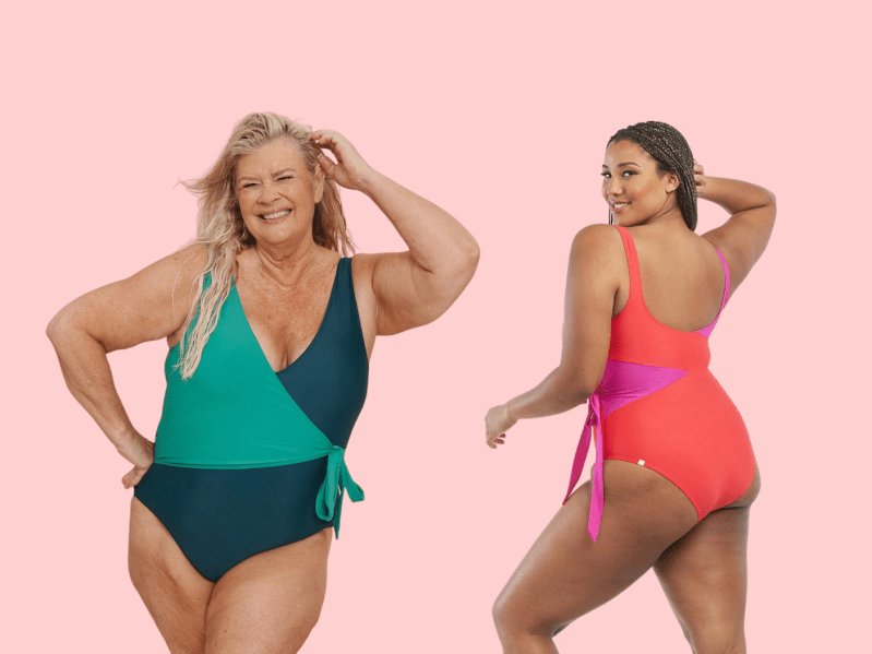 Summersalt's Perfect Wrap One-Piece swimsuit showcased on two different models.