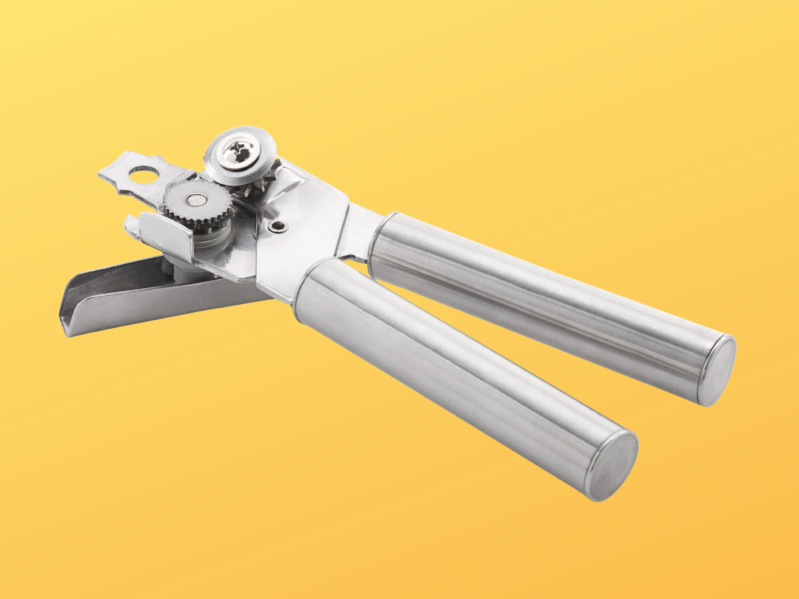 A silver can opener on a yellow background.