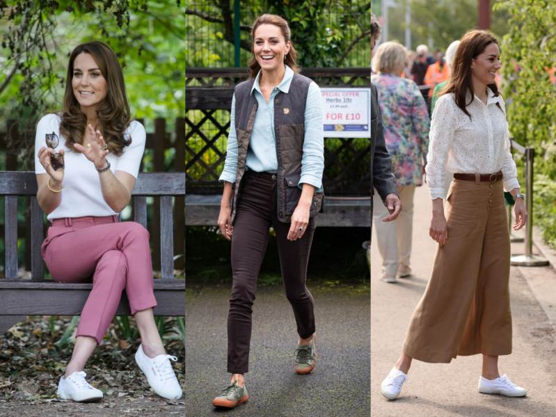 Three side by side images of Kate Middleton wearing Superga sneakers.