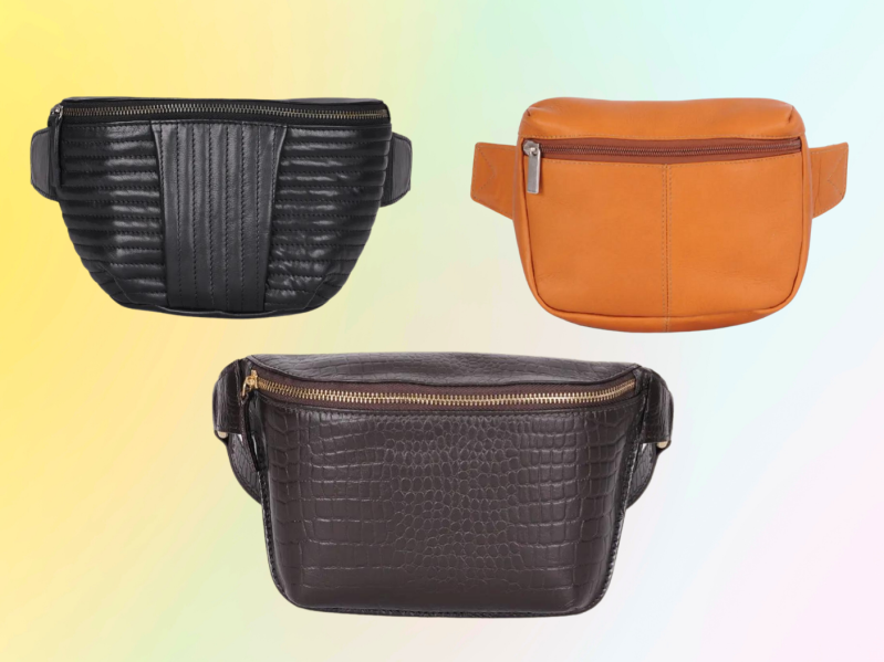 Trio of Wilsons Leather belt bags on a colorful background