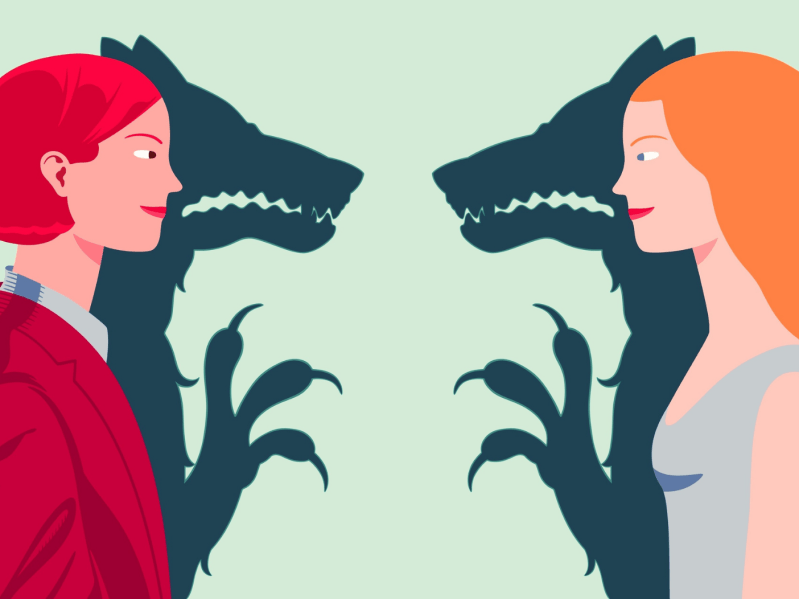 Two woman looking at each other with wolf silhouettes