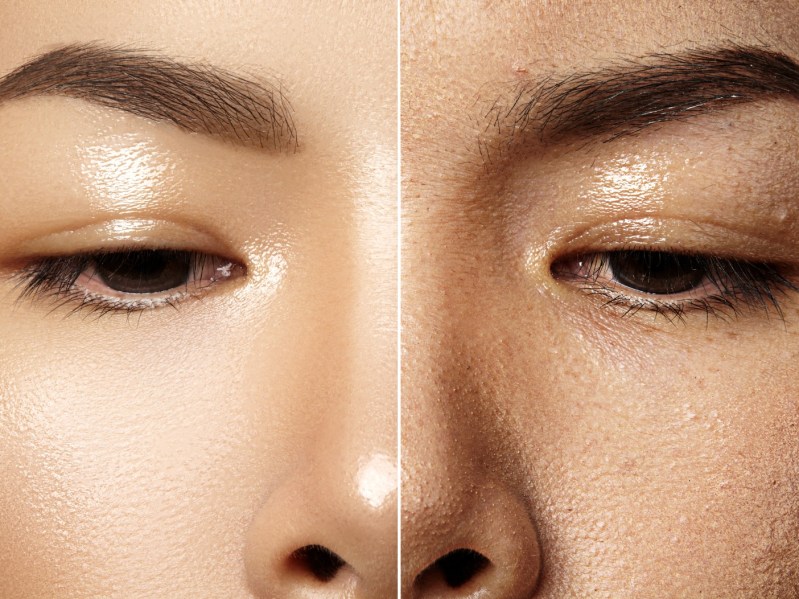 Close up of woman's face, the left side demonstrating smooth, dewy makeup while the right side shows cakey foundation.