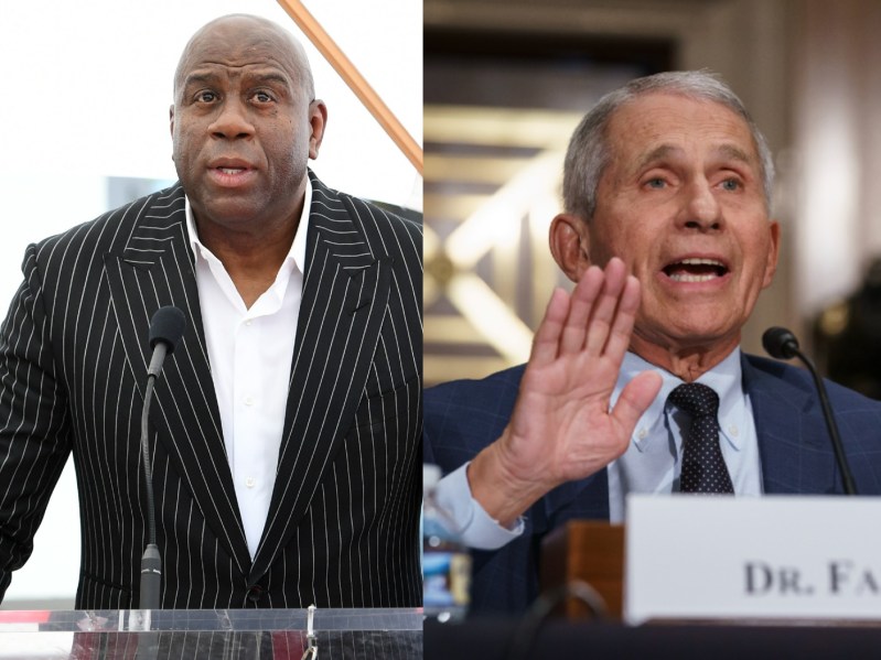 Split image of Magic Johnson (L) wearing white collared shirt and black suit jacket and Dr. Anthony Fauci (R) wearing suit and tie, sitting at podium and speaking into microphone