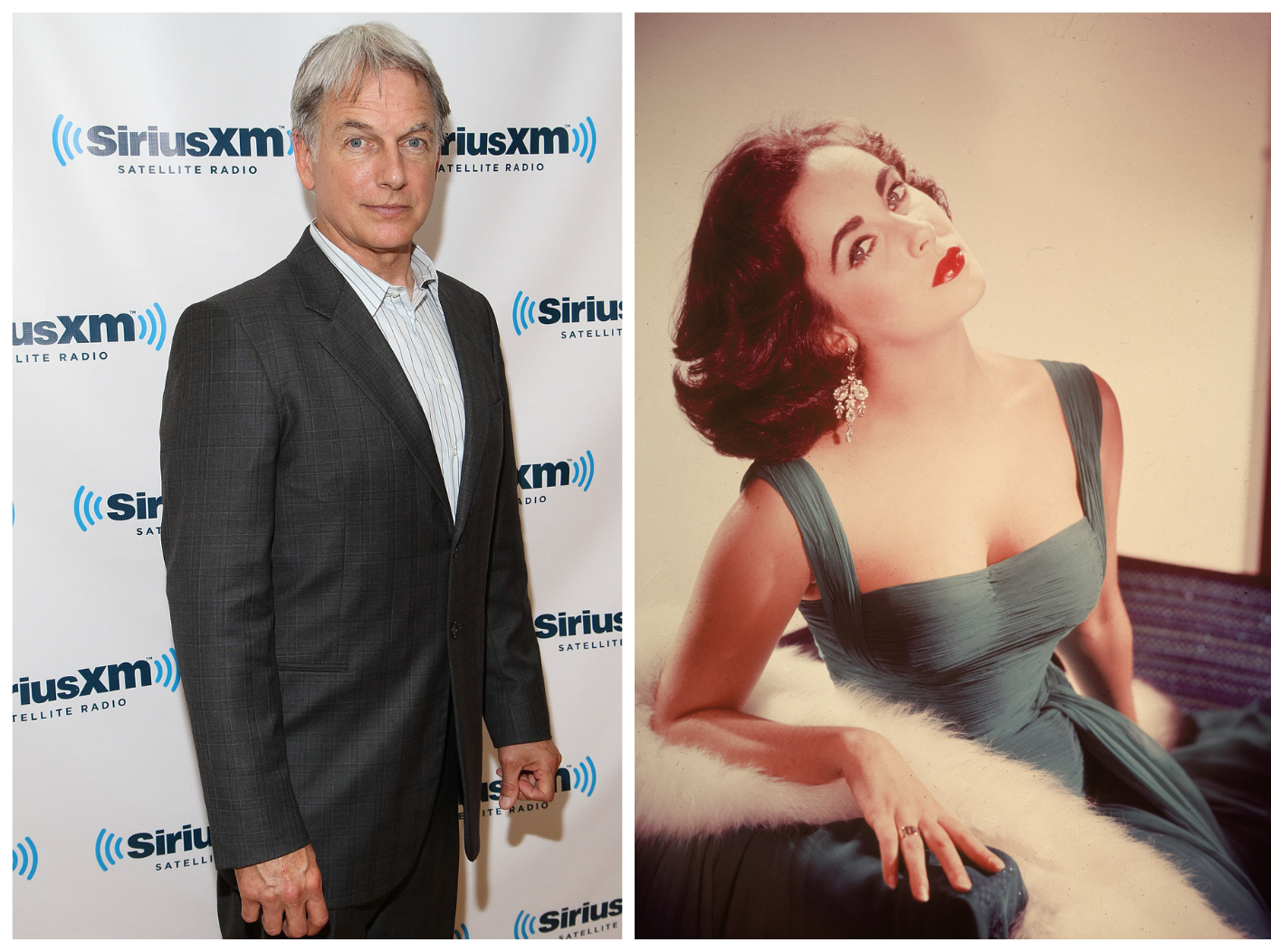 Split image of Mark Harmon (L) wearing white shirt/black jacket combo and Elizabeth Taylor (R) wearing teal dress