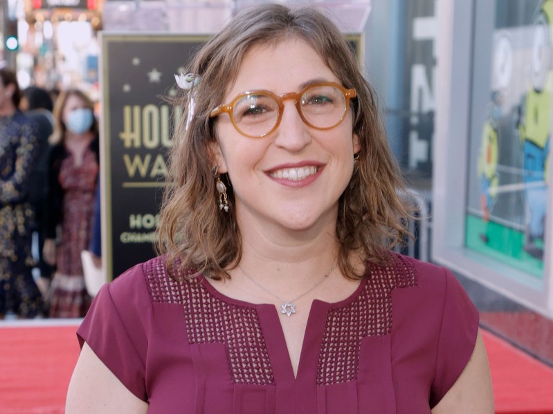 Mayim Bialik wearing burgundy shirt with bronze appliques and light brown glasses