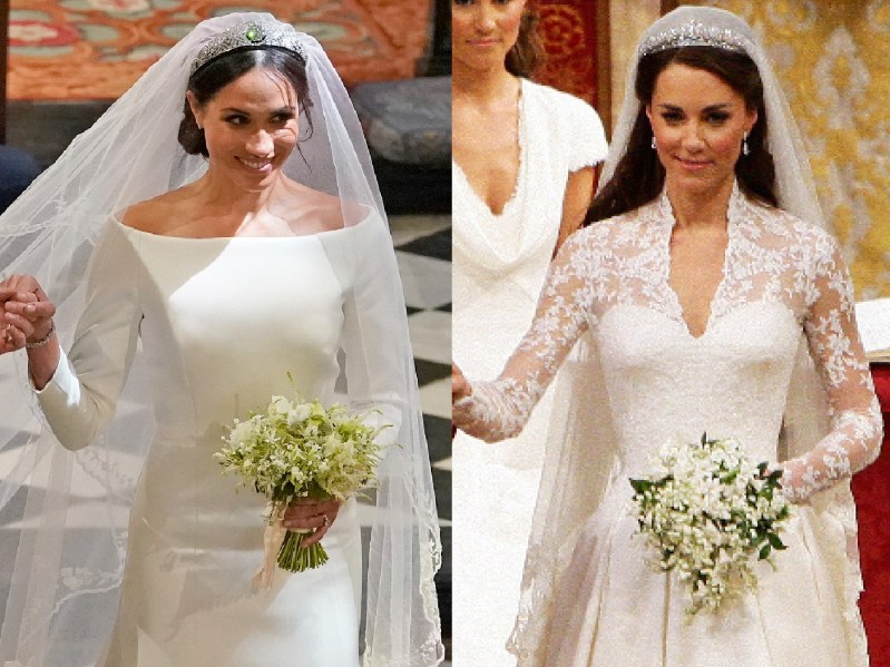 Two photos side by side of Meghan Markle (left) in her wedding dress and veil and Kate Middleton (right) in her wedding gown and veil