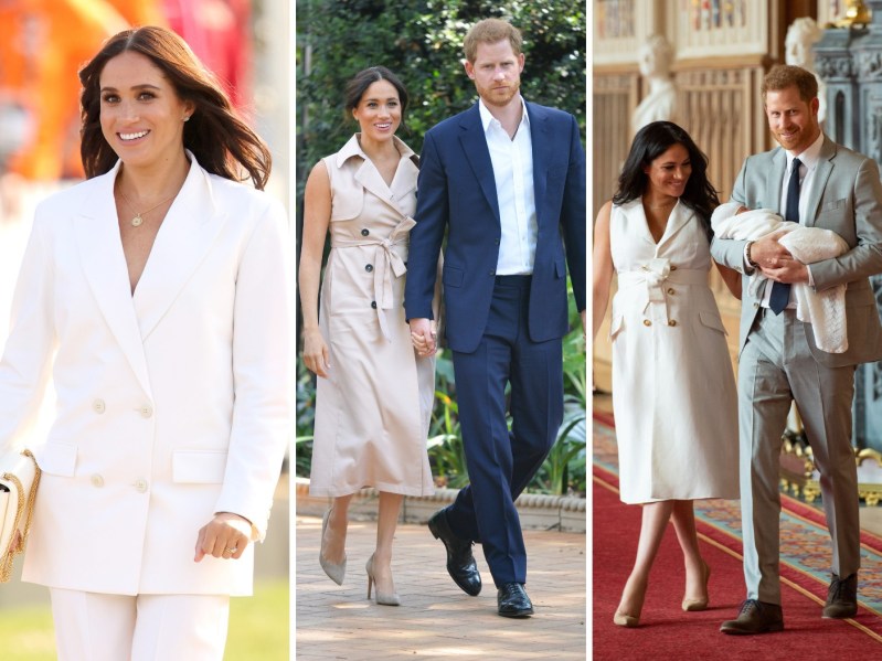 Side by side images of Meghan Markle wearing a white blazer and trench style dresses