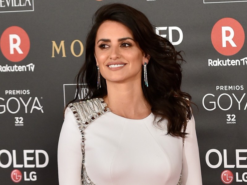Penelope Cruz wears a long sleeve white gown with metallic details on the red carpet