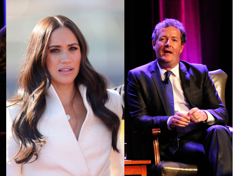Split Image (L): Meghan Markle walking outside with cream-colored coat and long, curled black hair. (R): Piers Morgan sitting in an interview, wearing white top and navy suit jacket with tie