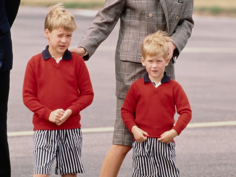Prince Willaim (L) and Prince Harry (R) as toddlers, wearing matching outfits--red sweaters over navy collared shirts with white and navy pinstriped shorts. Princess Diana can be seen from the neck down, wearing a gray two-piece suit and guiding the boys with her hands