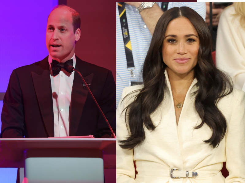 Split image: (R) Prince William standing at podium speaking, wearing white dress shirt and black blazer/bow tie. (L) Meghan Markle sitting in an audience with a slight smile on her face. She is wearing an off-white peacoat style coat with a belt.