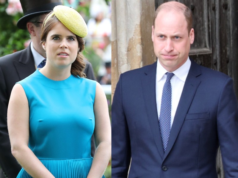 Split image: (L), Princess Eugenie, standing outside wearing teal dress and yellow hat, (R): Prince William wearing white shirt and navy blazer/tie
