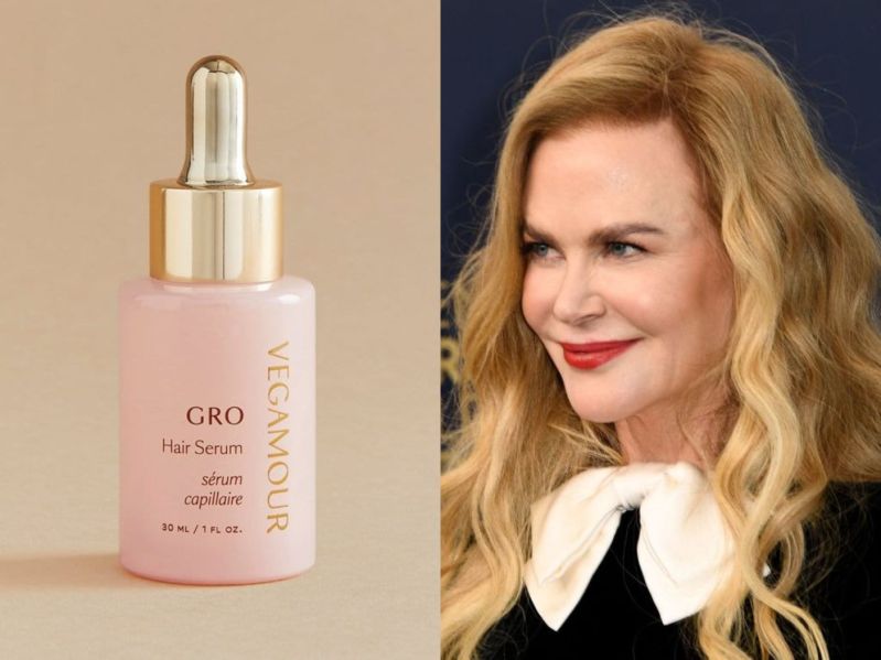 Side by side images of Vegamour's viral GRO hair serum and Nicole Kidman with healthy, wavy hair at a red carpet event.