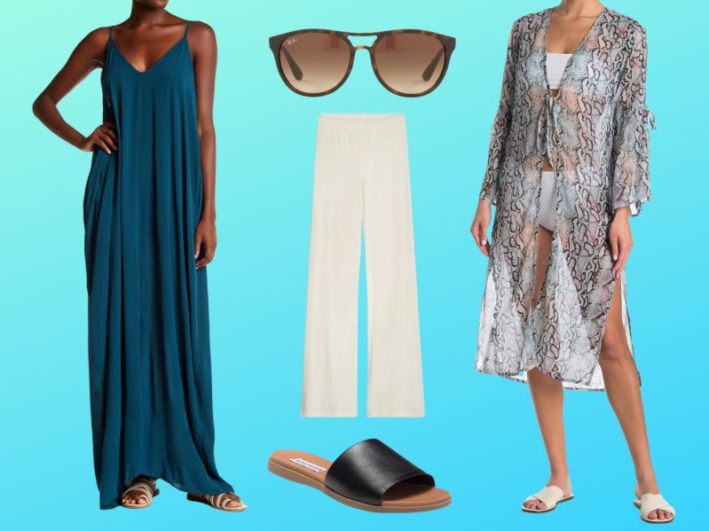 Nordstrom rack getaway sale items: dress, sunglasses, pants, duster, sandals