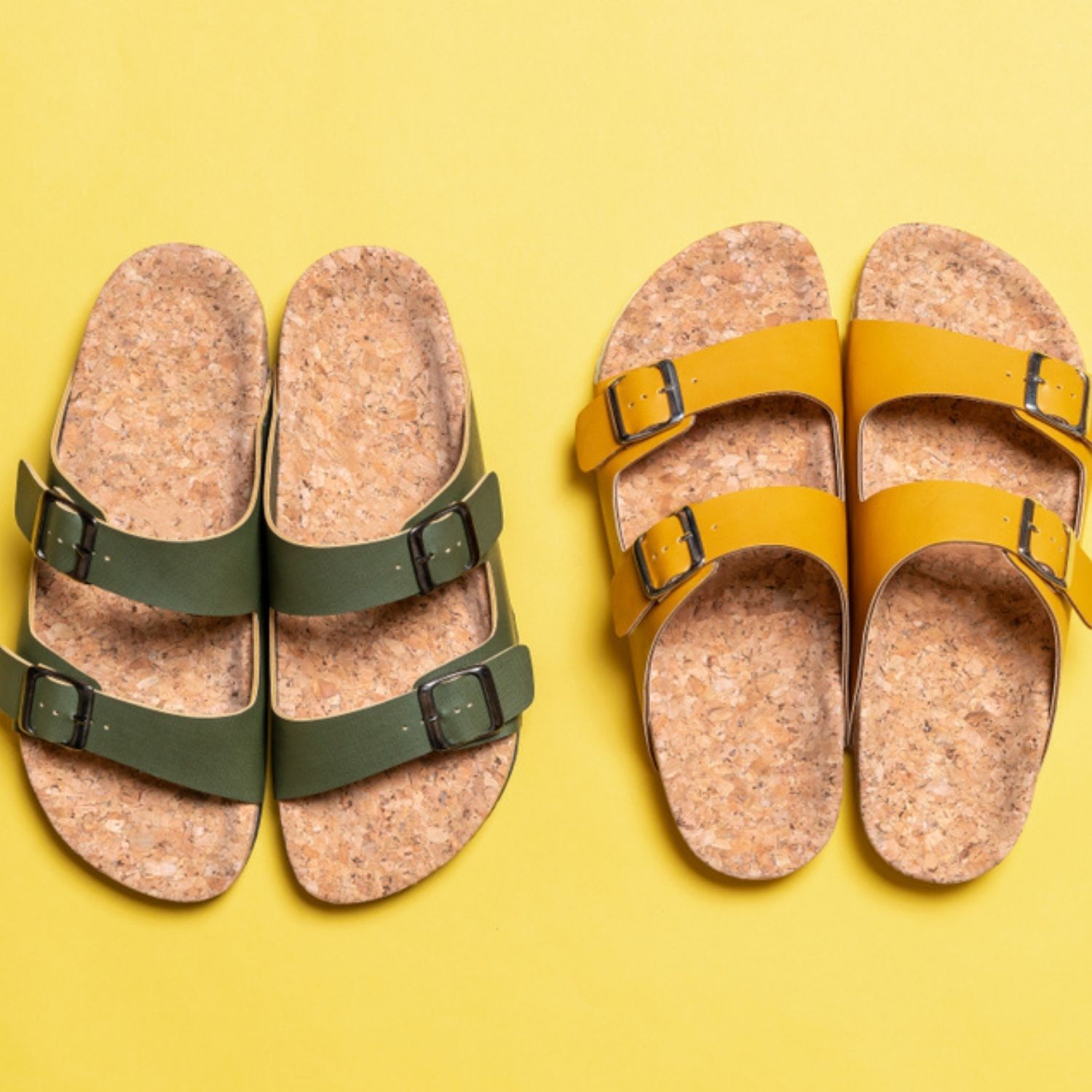 Leather slides on yellow background cropped