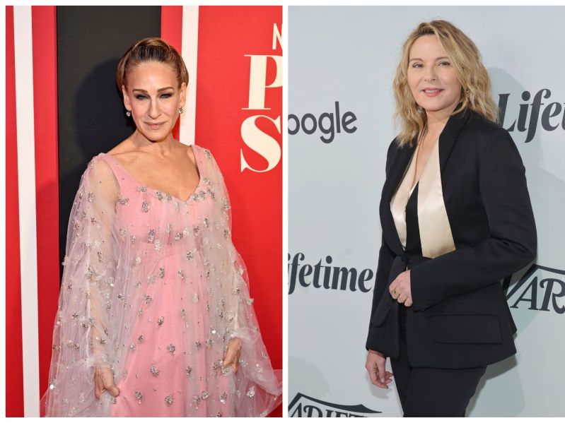 Split image (L): Sarah Jessica Parker wearing pink dress, (R) Kim Catrall wearing black blazer and beige scarf
