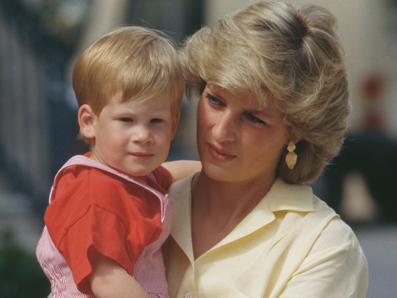 Princess Diana (R) holding a young Prince Harry, who is wearing red plaid overalls over a red tee shirt