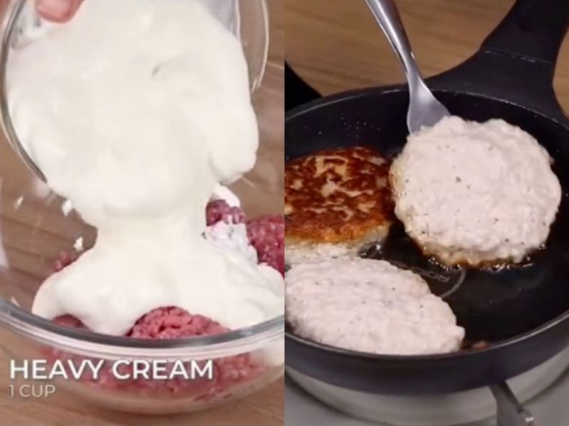 Side by side screen grabs of a TikTok video making burgers with a lot of milk and heavy cream