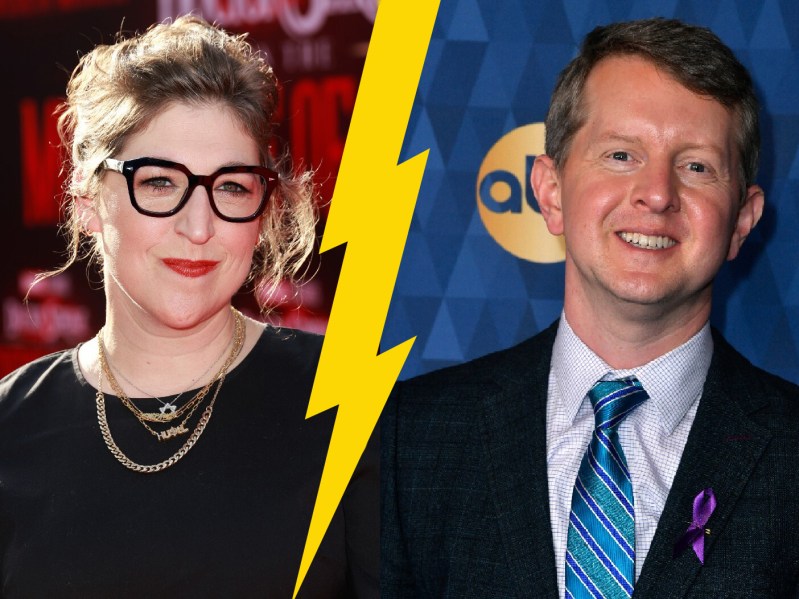 Two separate photos show Mayim Bialik, left, wearing a black ensemble on the red carpet and Ken Jennings, right, wearing a dark suit with a blue tie against a blue background