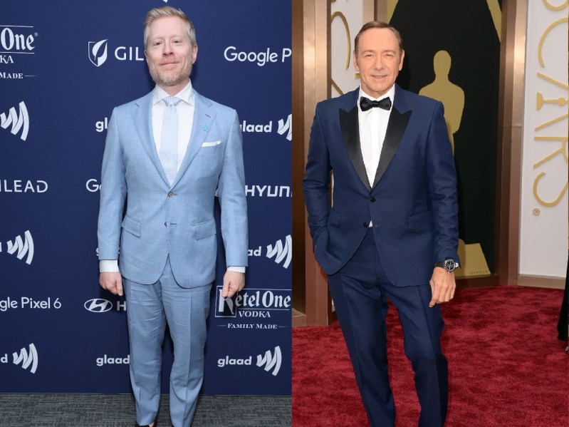Two photos show Anthony Rapp, left, wearing a light blue suit on the red carpet. The photo on the right shows Kevin Spacey, in a dark blue suit, on the red carpet