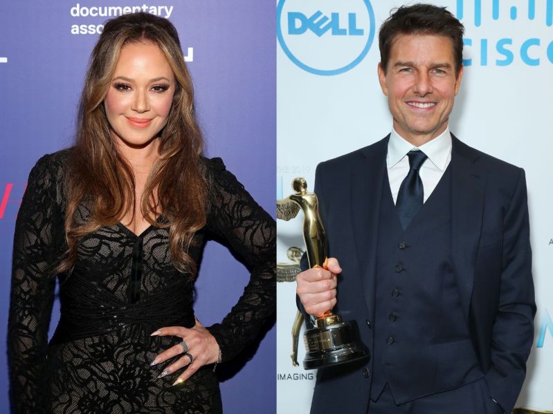 Split Image: (L) Leah Remini with hand on hip wearing longsleeved black dress, Tom Cruise (R) wearing navy blue suit and tie, holding award