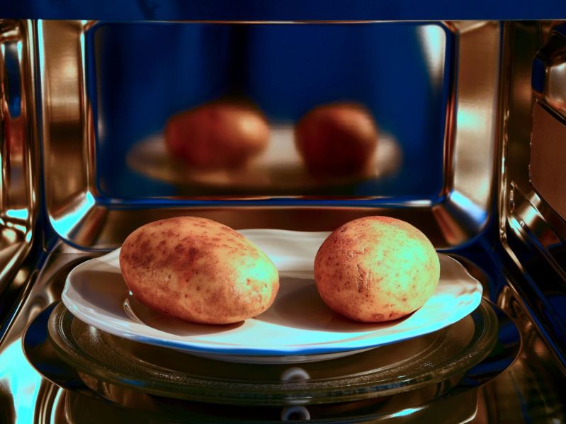 Two potatoes on a plate in a microwave