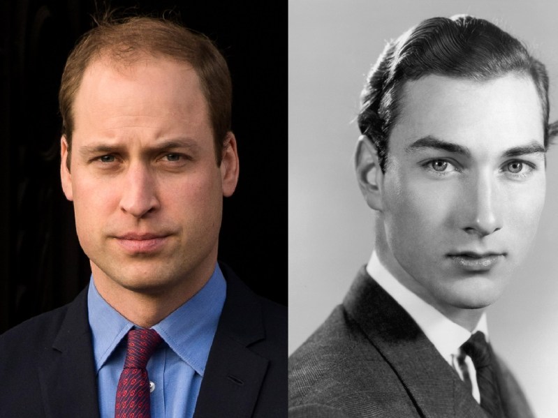 Prince William (modern) wears a blue shirt under a dark suit jacket for a royal event. Second photo - Prince William of Gloucester wears a dark suit as he sits for a black and white portrait