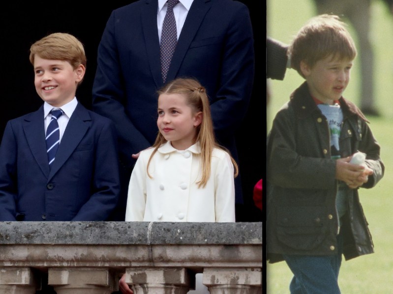 (Left) Prince George and Princess Charlotte stand on the royal balcony during the Platinum Jubilee celebrations. (Right) Young Prince William walks with his mother Princess Diana across a field