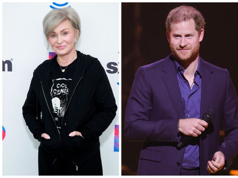 Split image of Sharon Osbourne (L) wearing all black and Prince Harry (R) wearing navy suit