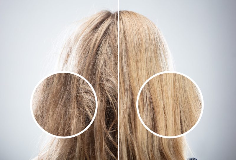 Before and after photo of woman's bleached hair showcasing dully, messy strands and smooth, shiny strands