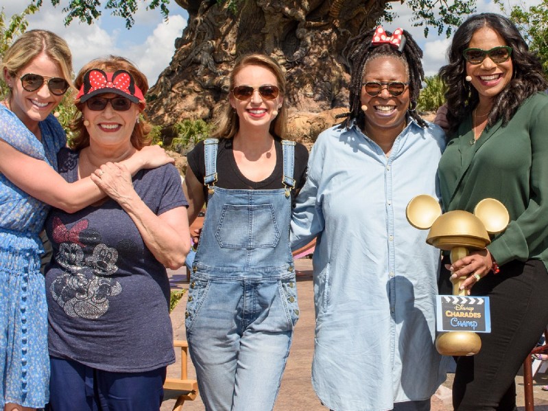 (L-R) In this handout photo provided by Disney Resorts, hosts Sara Haines, Joy Behar, Jedediah Bila, Whoopi Goldberg and Sunny Hostin (R) pose with guests,