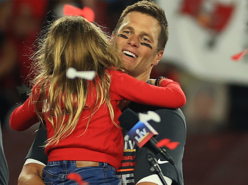 Tom Brady, who commented on raising rich kids, celebrating a Super Bowl with his daughter.