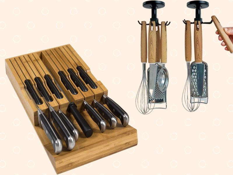 An in-drawer knife block and a handling kitchen utensil organizer.